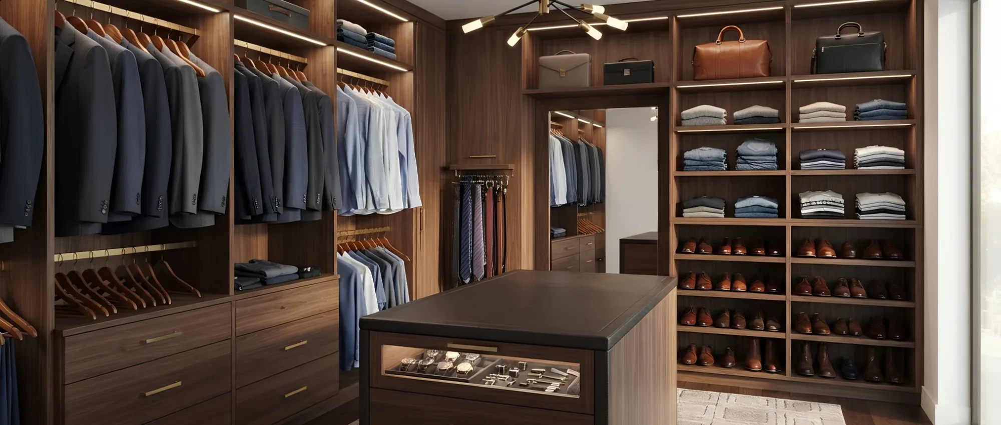 A walnut walk-in closet fitted out with an island, a glass-topped watch drawer, a tie rack, shoe shelving and integrated lighting