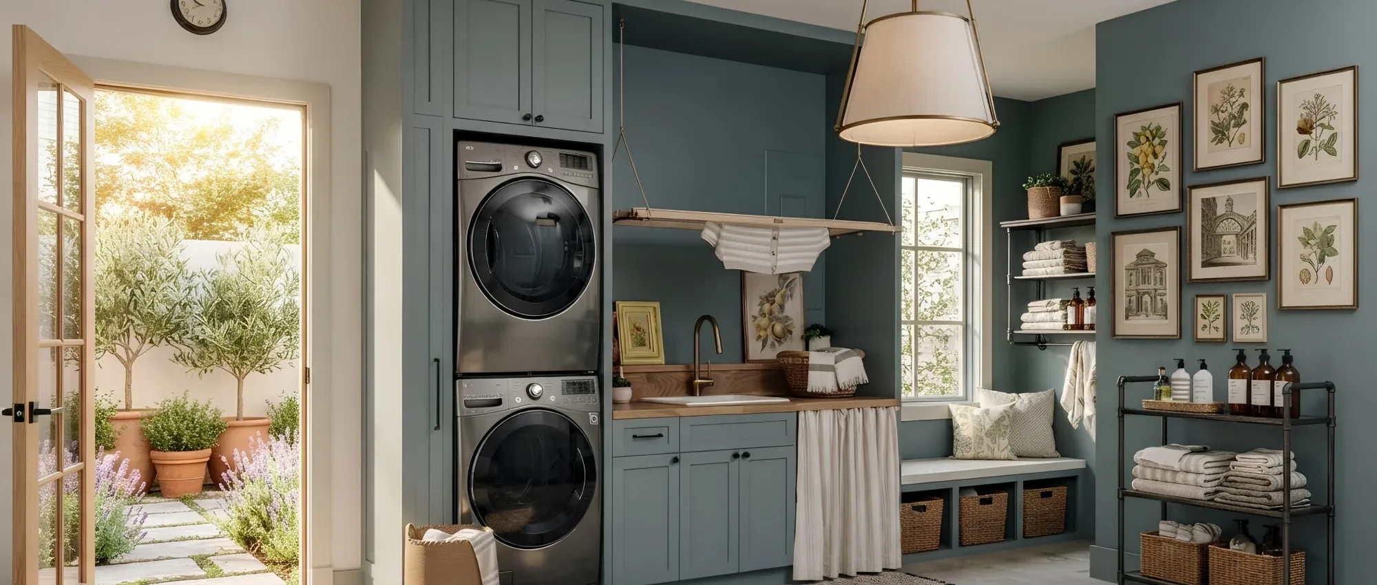 A custom laundry room in a Toronto home — a stacked washer and dryer in a full-height cabinet, a counter and sink beside them and a bench under the window