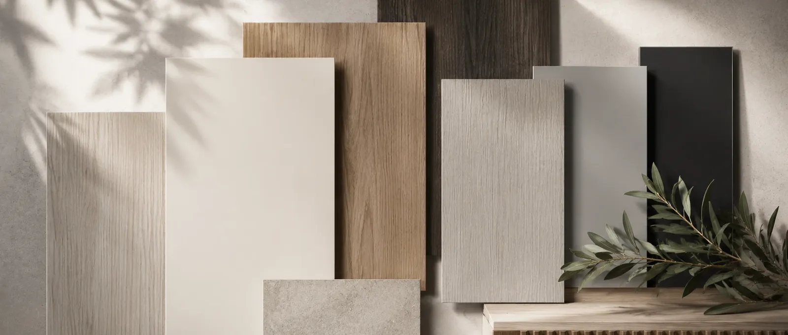 TFL melamine sample panels leaning against a wall — pale oak, cream, natural oak, grey woodgrain, dark walnut and matte black, in daylight