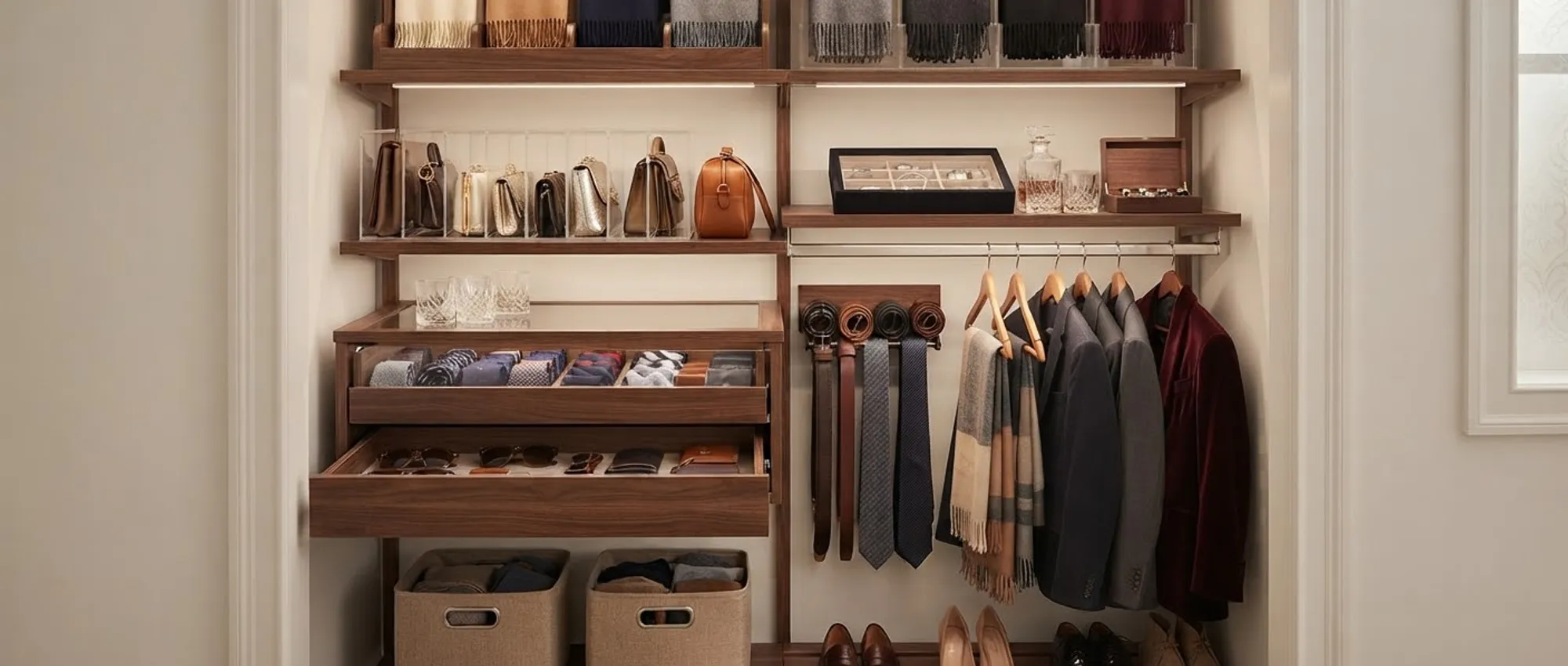 A reach-in closet in walnut with lit shelves of folded scarves, acrylic handbag dividers, a watch case, two pull-out lined drawers, a belt and tie rack and hanging below