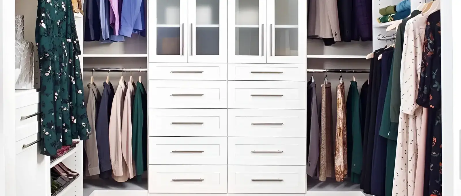 A white walk-in closet with glass-fronted cabinets above two banks of drawers, double hanging down both side walls and a grey rug on a light wood floor
