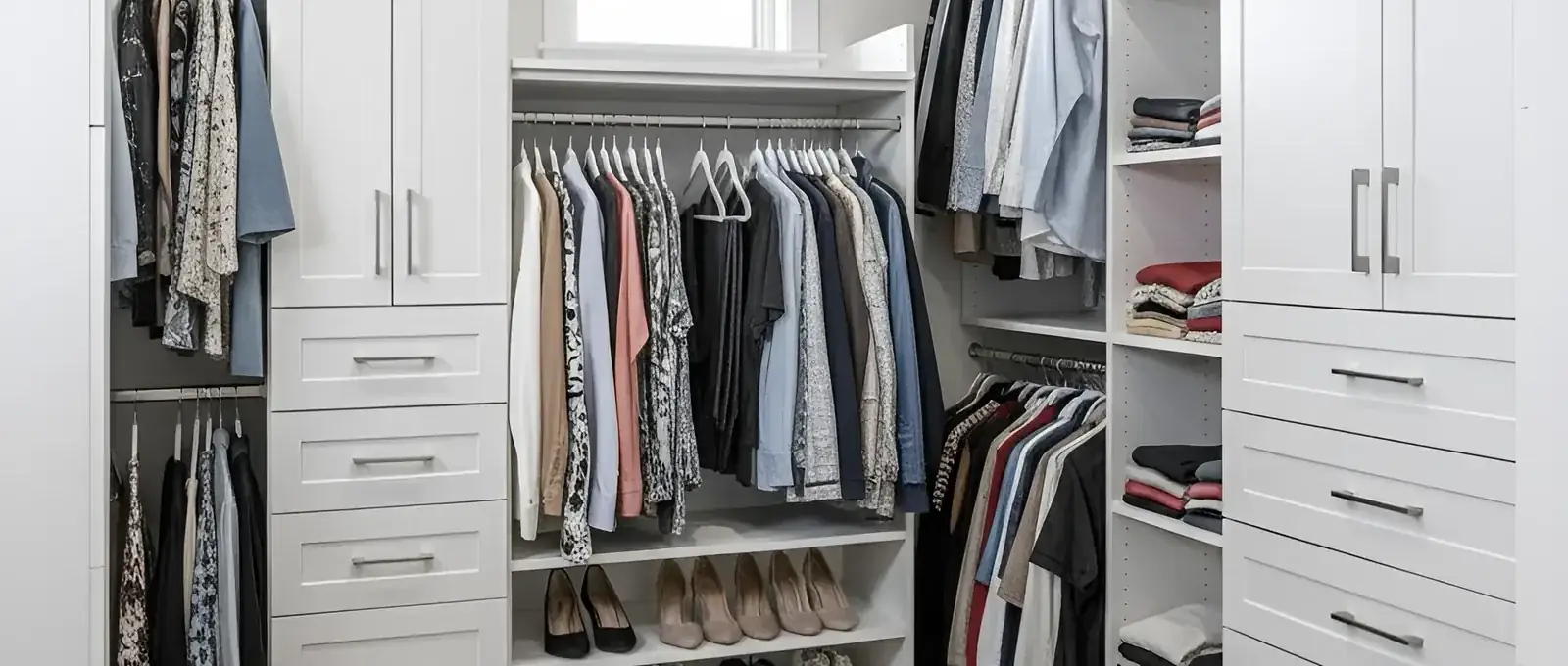 A white walk-in closet built around a window, with a drawer tower, angled shoe shelving and hanging rails on three walls