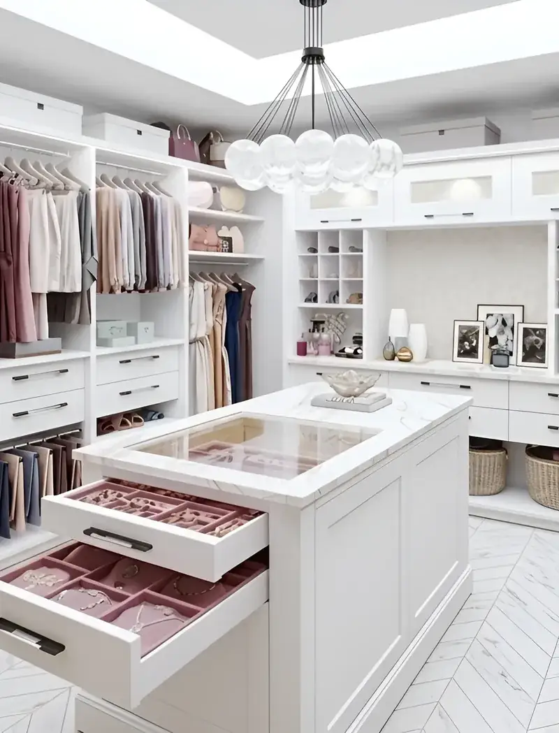 Custom walk-in closet with a marble dressing island, built by Closet Form