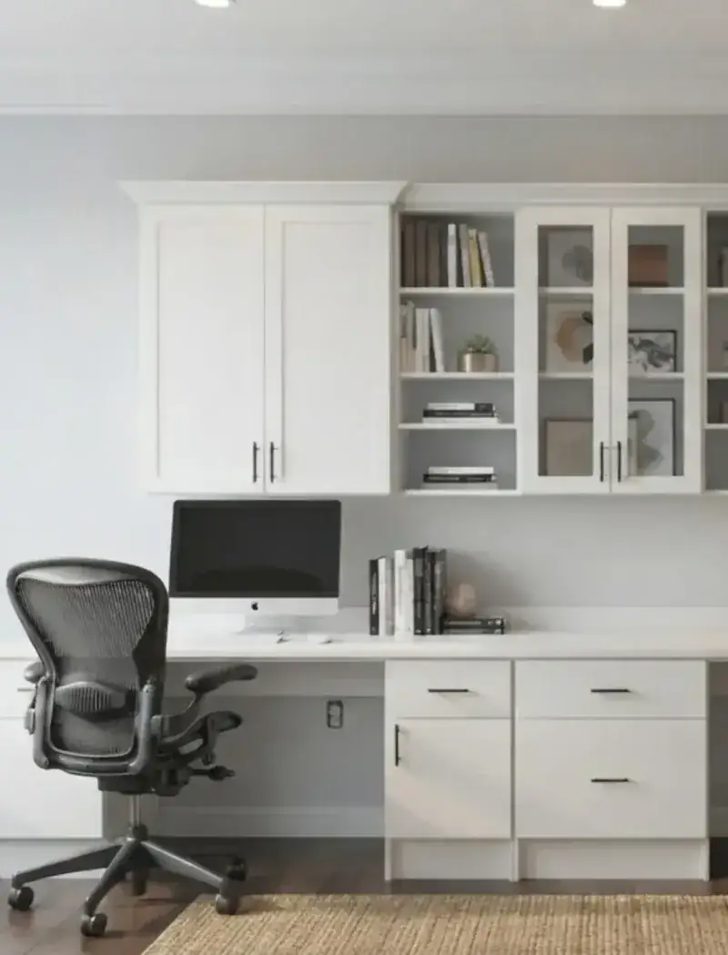 A white home office built along one wall — glass-front uppers over a run of desk, drawers and cupboards beneath it, a screen at one end and a laptop at the other