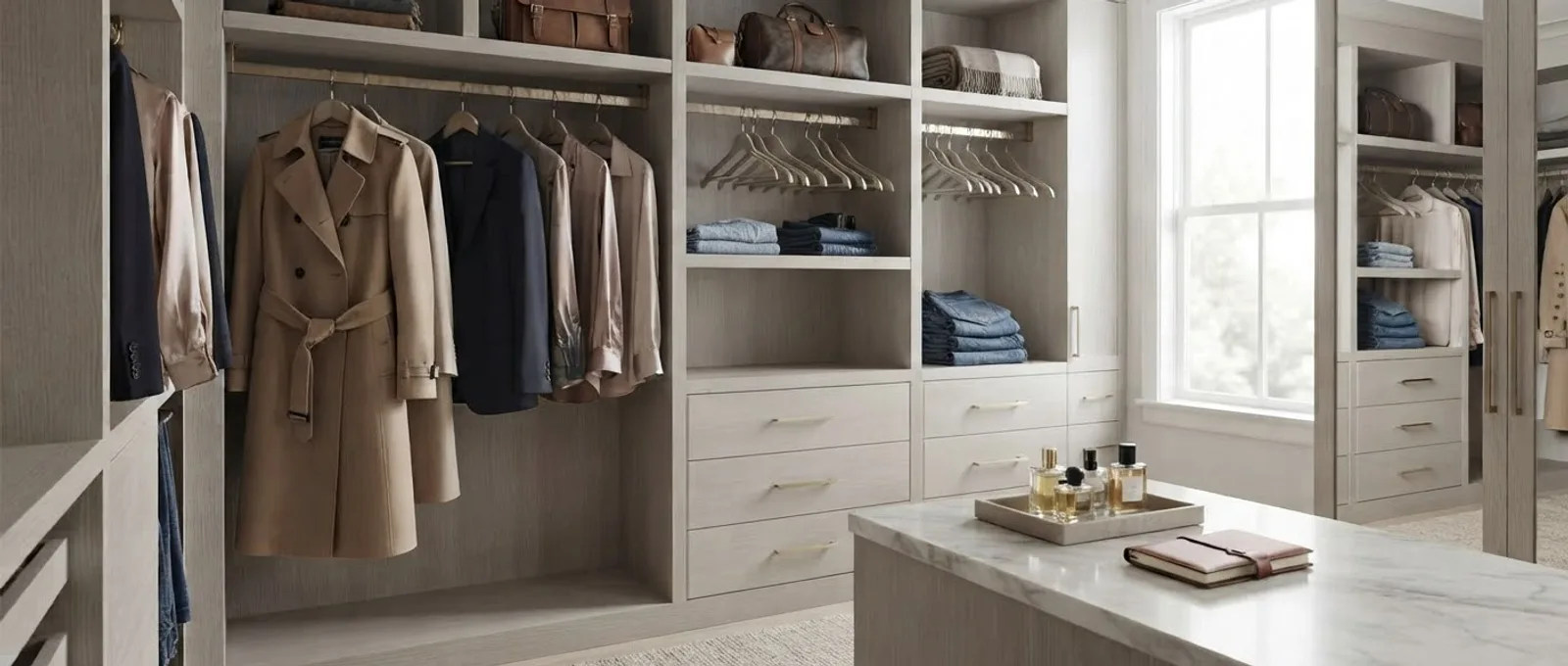 A custom walk-in dressing room in pale oak: a trench coat and jackets on the rail, bags and folded denim on open shelving, and a marble-topped island