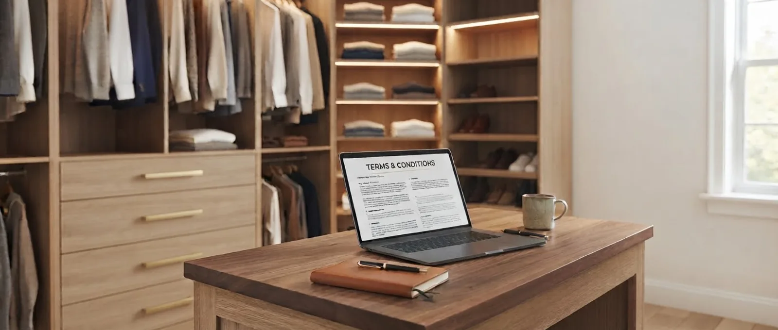 A laptop open on the walnut island of a custom walk-in closet showing a terms and conditions document, with lit shelving and hanging behind it