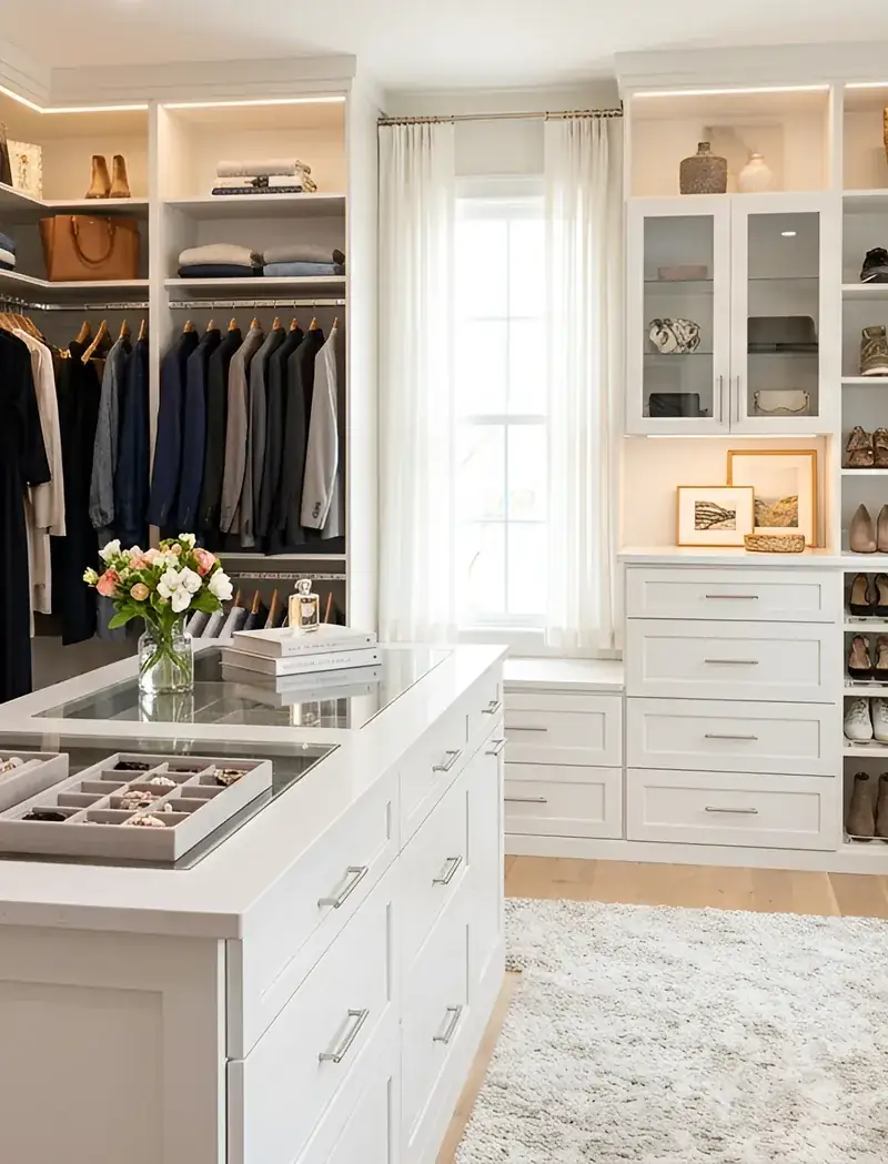 Sunlit custom walk-in dressing room with an island, jewellery drawers and a lit shoe wall, built and installed by Closet Form in Toronto
