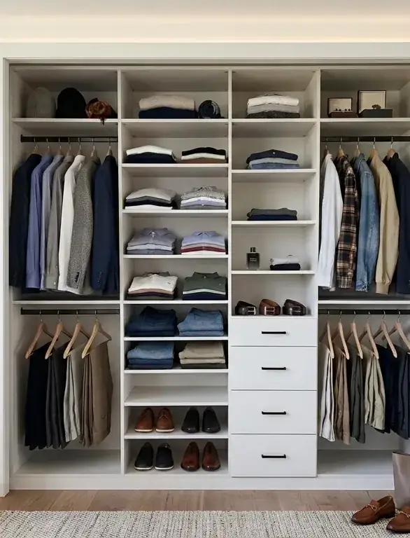 Custom reach-in closet with double hanging rails, adjustable shelving and a drawer bank, built by Closet Form in Toronto