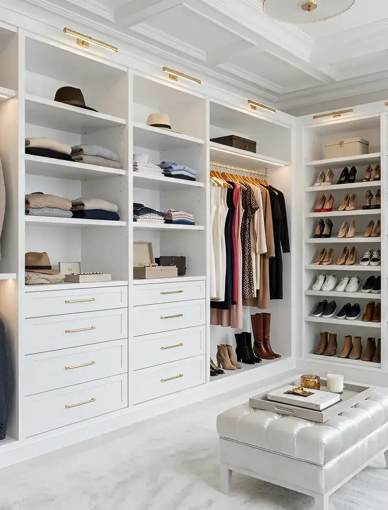 Custom walk-in closet built and installed by Closet Form for a Toronto homeowner