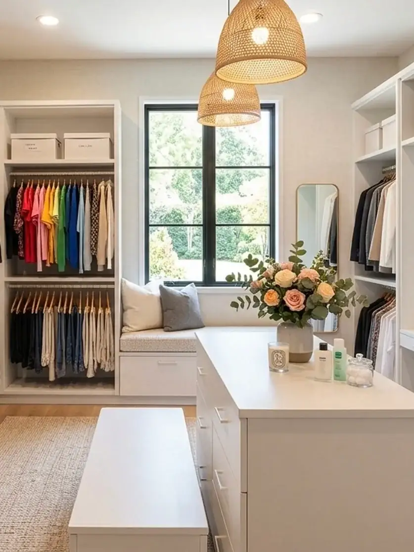 A bright white walk-in closet — open shelving and hanging rails down both walls, a drawer island through the middle, a cushioned window seat under a black-framed window and rattan pendants overhead