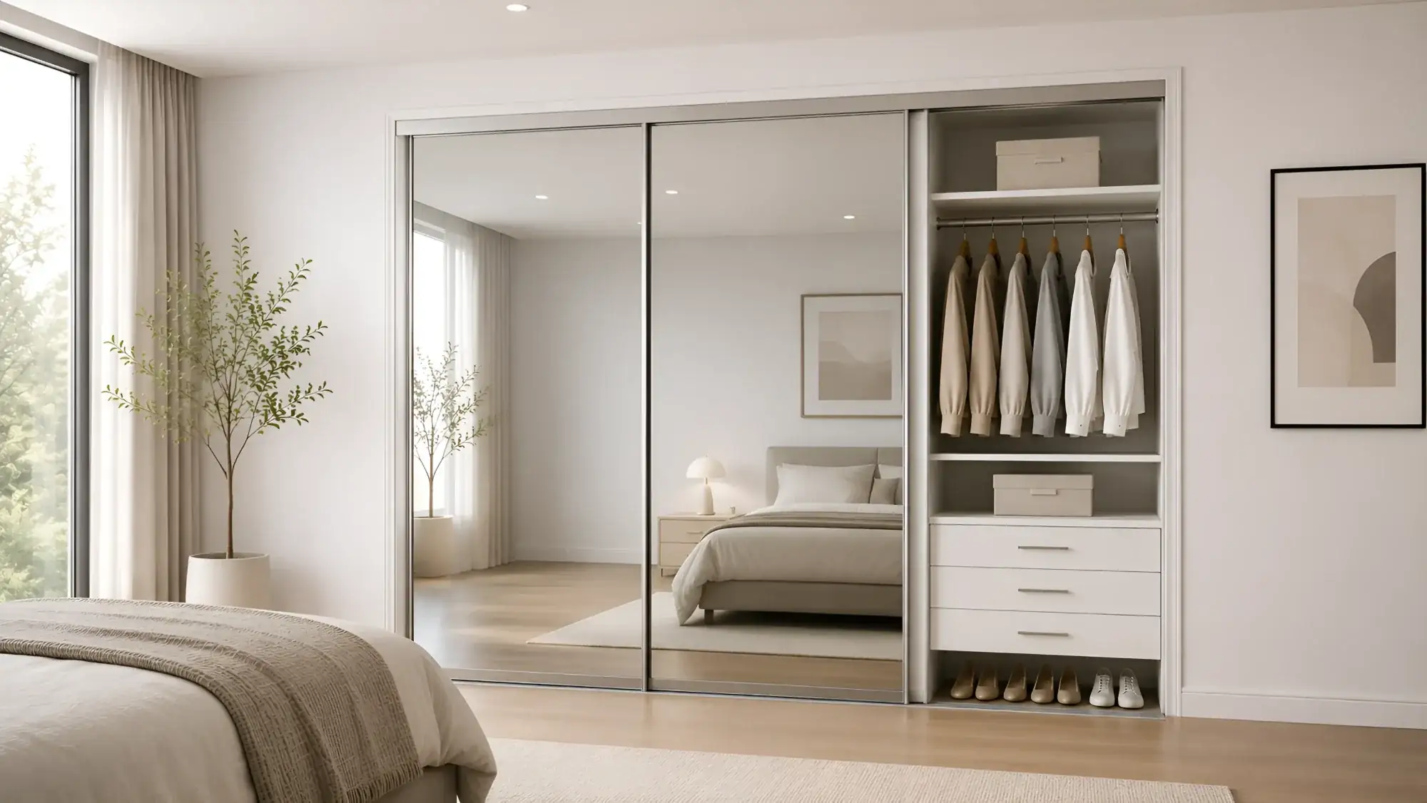 Mirrored sliding closet doors across a bedroom wall, one panel open to show hanging clothes, drawers and shoe storage in the reach-in closet behind