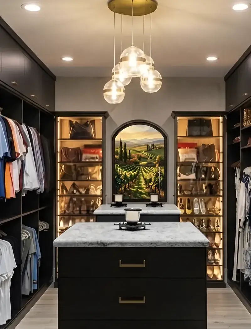 Custom walk-in closet with an island, lit shelving and hanging space, designed and installed by Closet Form in Toronto